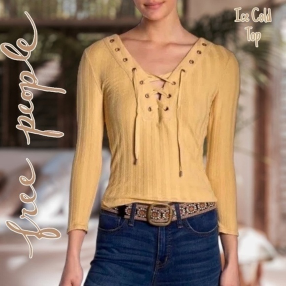FREE PEOPLE Ice Cold Ribbed Knit Grommet-Lace-Up V-Neck Fitted Top/MD NWT